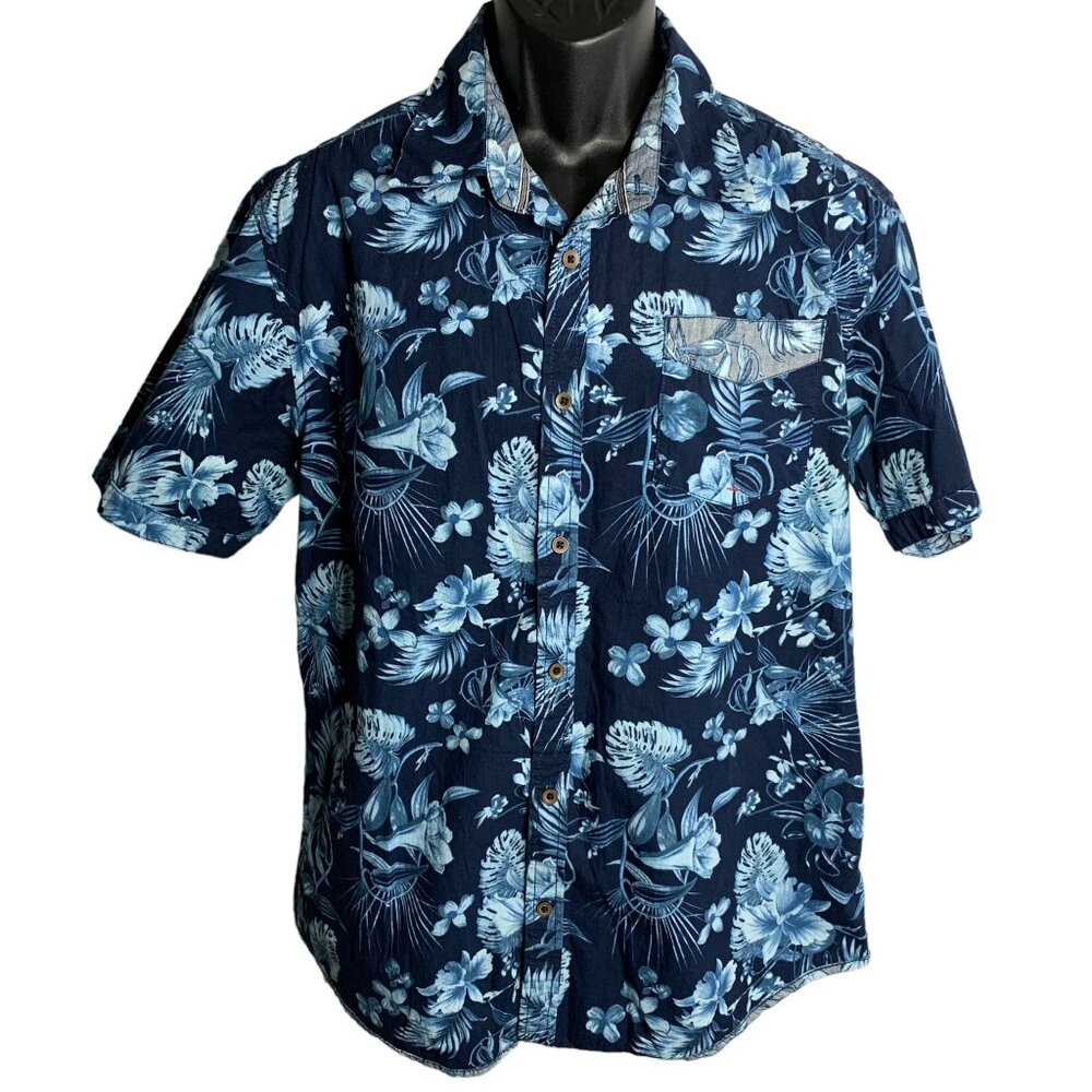 Private Member Button Up Hawaiian Shirt L Blue Floral Short Sleeves Pocket